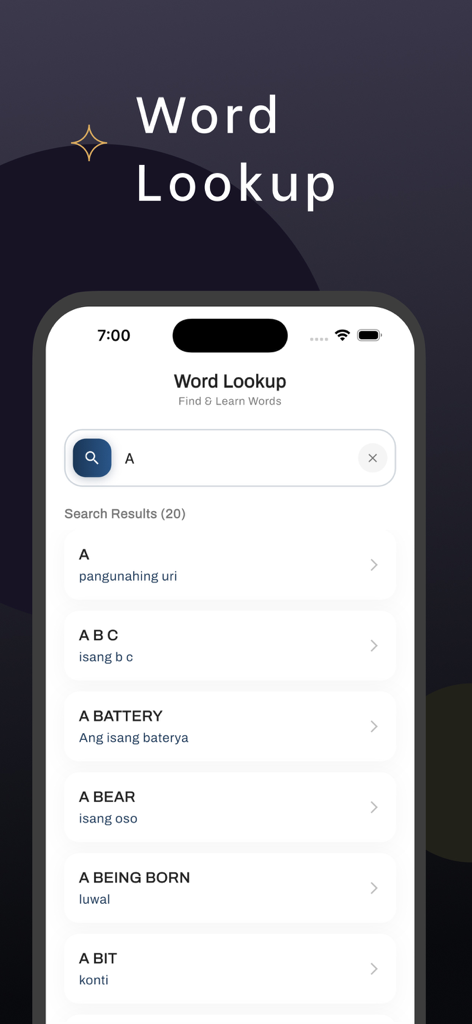 English Tagalog Translator - English Tagalog translator word lookup screen with search results