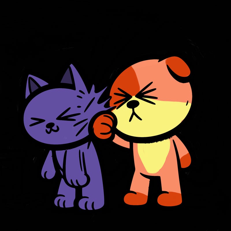 cartoony faceless cat slapping cartoony faceless dog