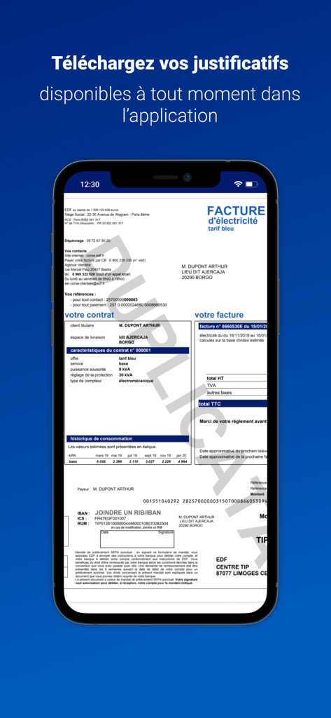 EDF Dom & Corse - Smartphone screen showing an electricity bill for download within the EDF Dom and Corse app