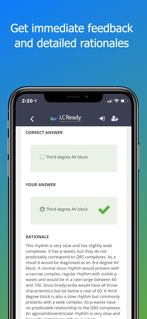 Pantalla de la aplicación ACLS Review que muestra una respuesta correcta para el bloqueo AV de tercer grado con una justificación médica detallada.
