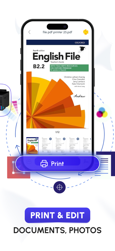 Pantalla de smartphone mostrando un documento PDF con un botón de impresión azul prominente en la interfaz de la aplicación iPrint