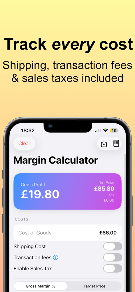 Margin Calculator app screen showing profit breakdown and cost tracking options like shipping and taxes.