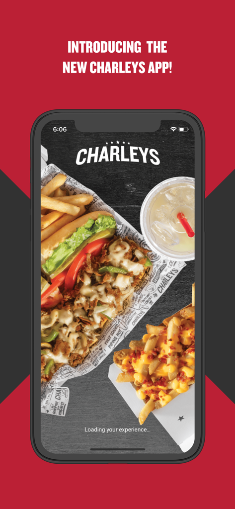 Welcome screen of the Charleys Rewards mobile app featuring a Philly cheesesteak and loaded fries.