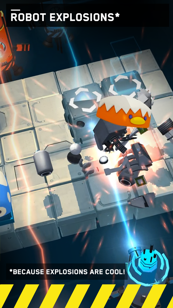 A square robot wearing a colorful hat explodes on a puzzle grid with text saying robot explosions are cool
