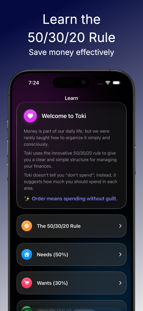 Toki: 50/30/20 Budget Rule - Toki mobile app screen showing an overview of the 50-30-20 budget rule and expense categories
