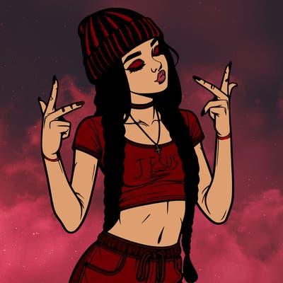 realistic teenage girl with braids and a beanie and crop top doing 🫶🏼