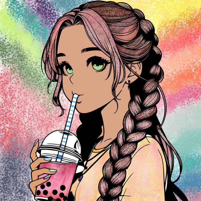 realistic girl with braided hair drinking boba