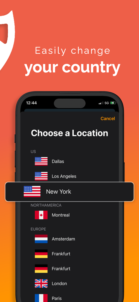 Ad Blocker VPN & DNS – Blokada - A smartphone showing the Blokada app screen to choose a VPN server location from a list of global cities.