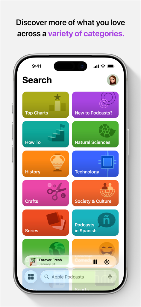 Search interface of the Apple Podcasts app showing various content categories like History and Technology