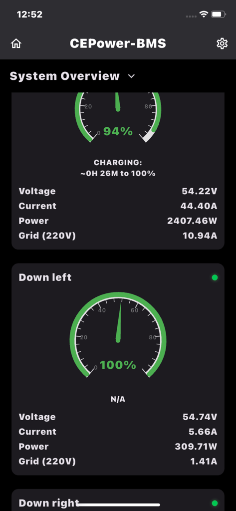 CEPOWER JKBMS Monitor system dashboard showing battery charge percentage and real-time voltage metrics