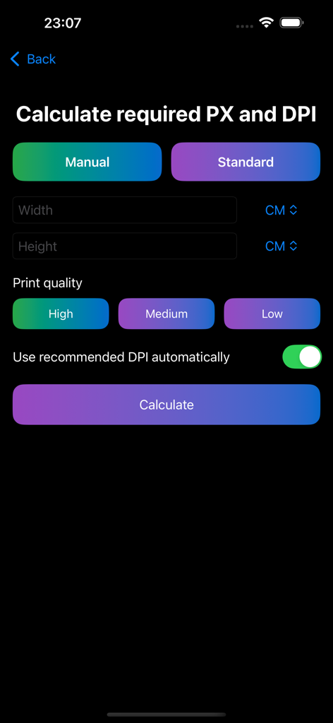 PixCalc - PixCalc app screen for calculating pixel dimensions and DPI based on physical size and print quality