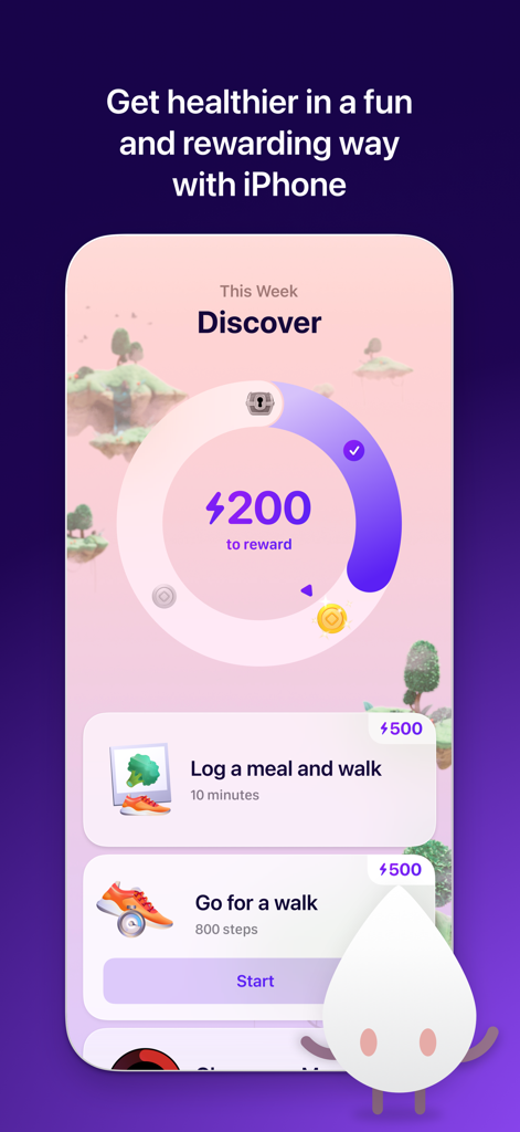 LumiHealth - Tela Discover do aplicativo LumiHealth mostrando o progresso em direção a recompensas e desafios diários de saúde como caminhada.