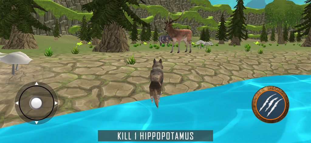 A wolf character in a wild animal simulation game tracking a hippopotamus mission