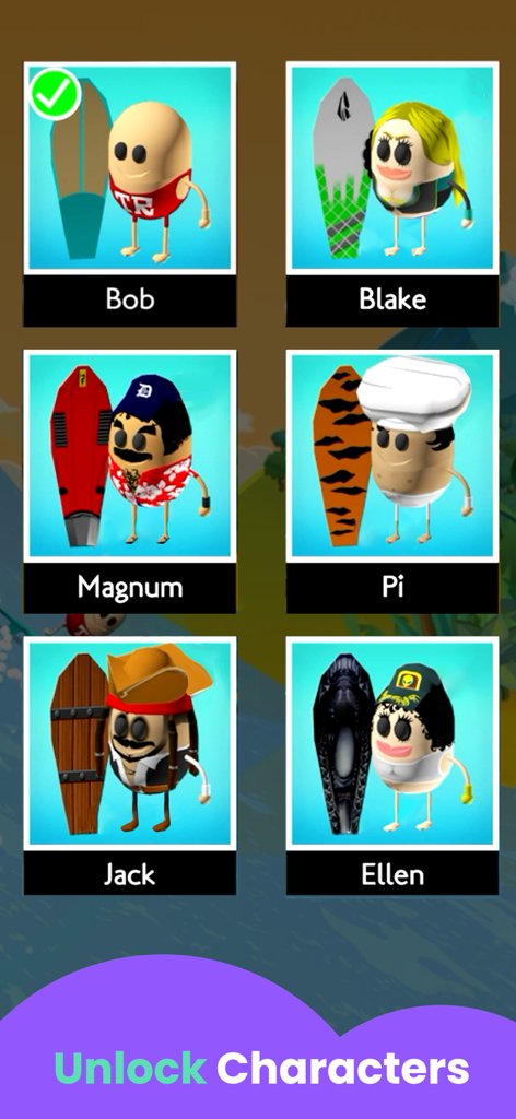 Character selection screen showing six surfers with their boards and names