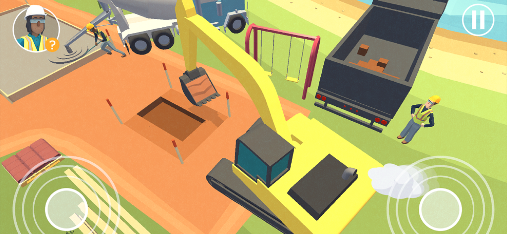 Gameplay of Dig In An Excavator Game showing a yellow excavator at a construction site.