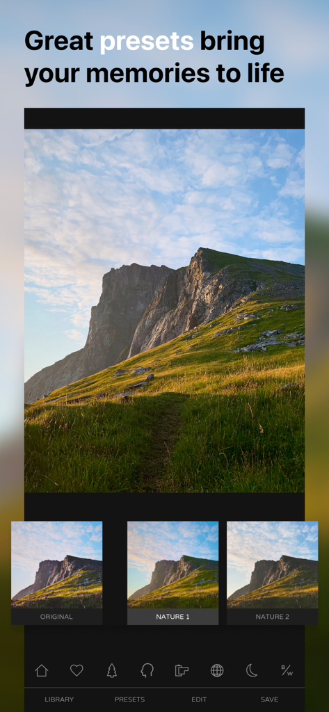 Ultralight photo editor interface showing nature presets for a mountain landscape