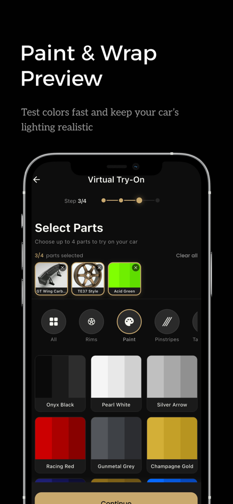 Interface of AutoMod app showing the virtual try-on feature for selecting car paint colors and aftermarket parts