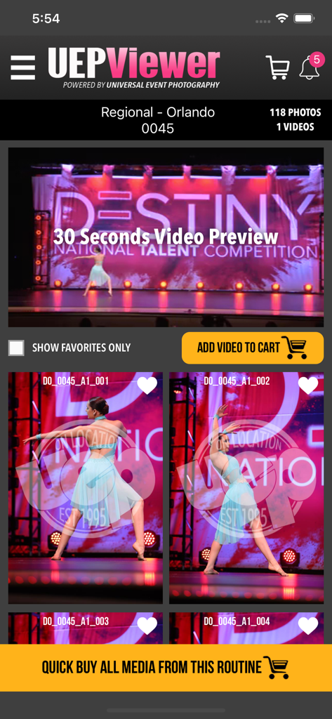 UEPViewer app interface showing professional dance competition photos and video preview for purchase