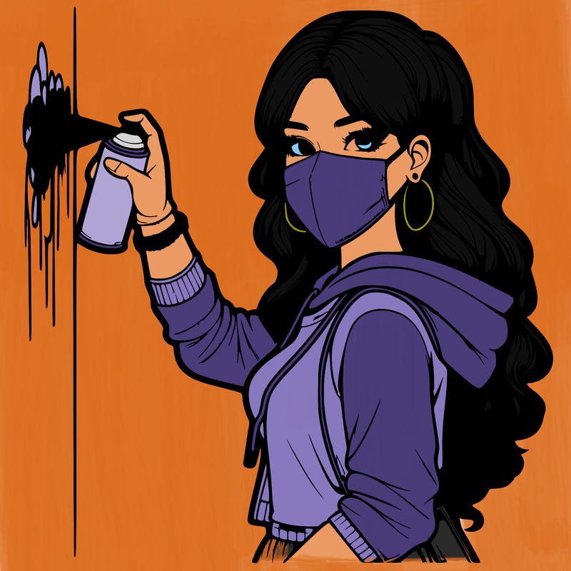 realistic girl with mask spray painting a wall