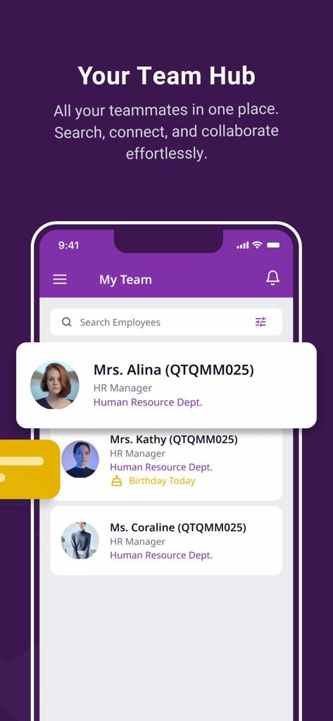 Interfaz de la aplicación móvil QHRM-V3 que muestra el directorio de empleados y la búsqueda del centro de equipo