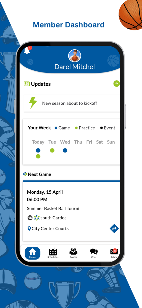SportsPlus - SportsPlus mobile app member dashboard showing a weekly sports schedule and upcoming game information
