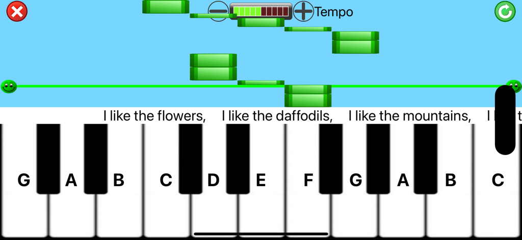 Piano keyboard interface with falling tiles and song lyrics for kids learning music