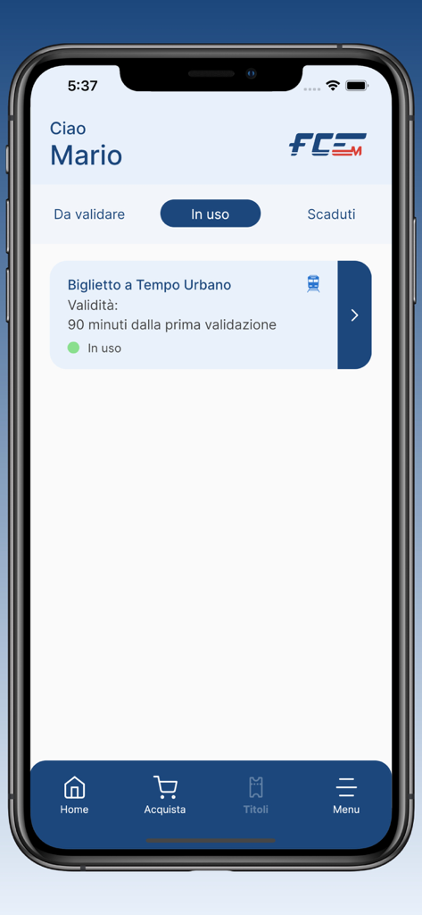 Captura de pantalla de la aplicación FCE Catania que muestra un billete de transporte urbano activo con un período de validez de 90 minutos.