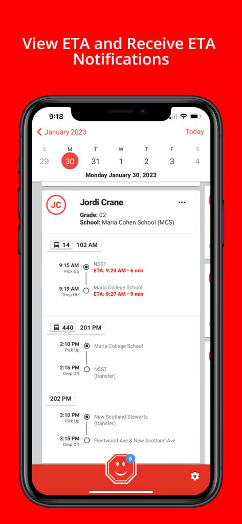 Stopfinder - Stopfinder app interface showing a student bus schedule with real-time arrival estimates.