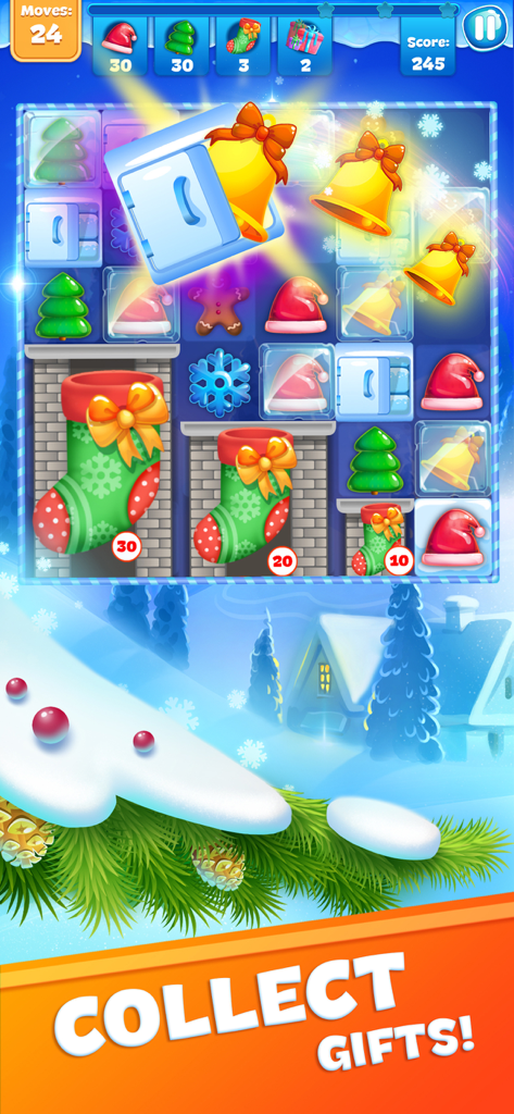 Gameplay of Christmas Sweeper 3 showing a match 3 puzzle with festive holiday items and collect gifts text