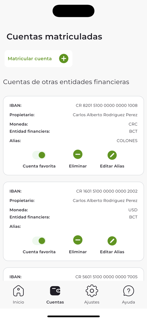 Registered bank accounts list in the FLEX BCT mobile app showing USD and CRC accounts