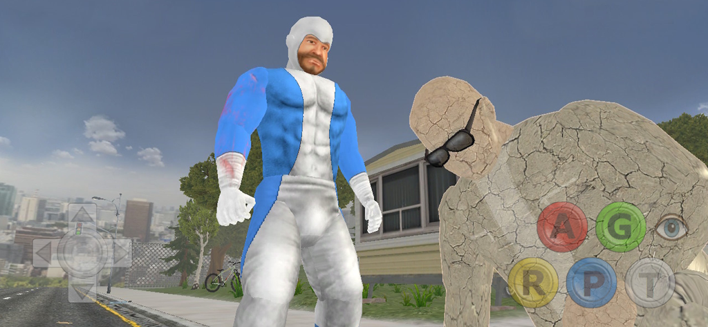 Infinite Lives - Un personaje superhéroe parado junto a una criatura de piedra en un paisaje suburbano.