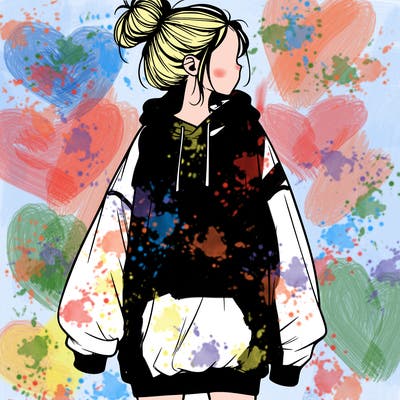 realistic girl with a oversized sweatshirt on and a bun