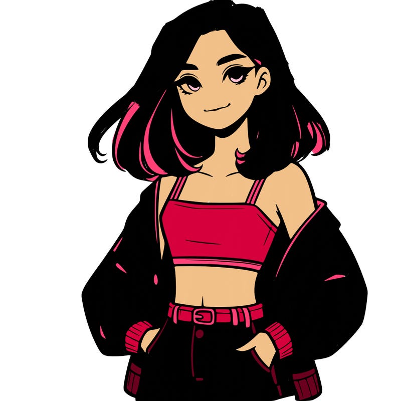 a realistic girl with a crop top and short shorts in an open jacket
