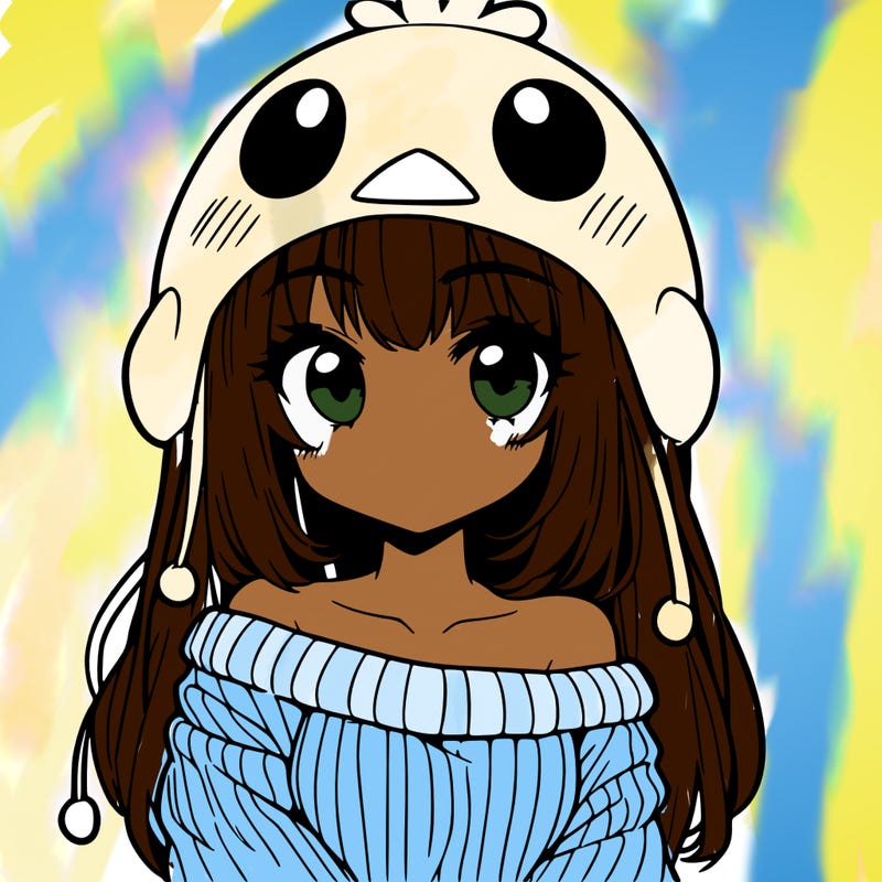anime girl with chick shaped hat with sweater with bare shoulders with bangs covering them one eye with low tail
