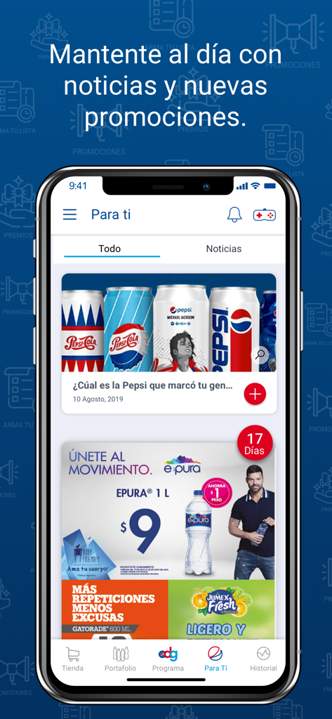 Smartphone screen displaying news and beverage promotions in the GEPP en tus manos mobile application