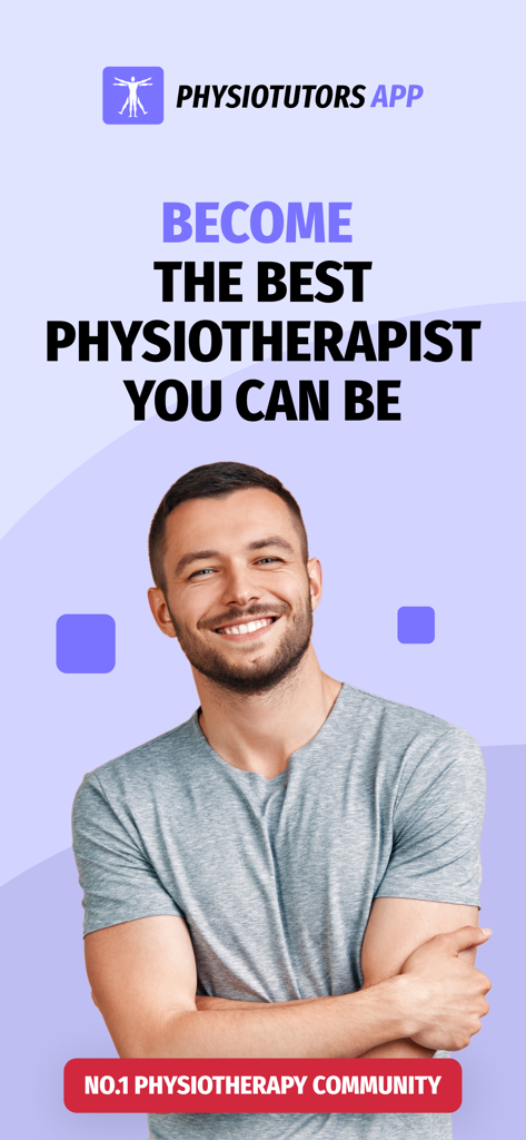 Physiotutorsアプリの紹介画面。笑顔のプロフェッショナルと、最高の理学療法士になることを奨励するテキストが表示されます。