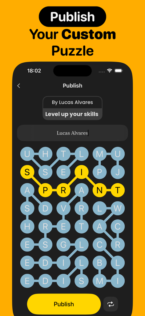 Strands Puzzle: Find Words - A mobile app screen showing the interface to publish a custom theme-based word puzzle.