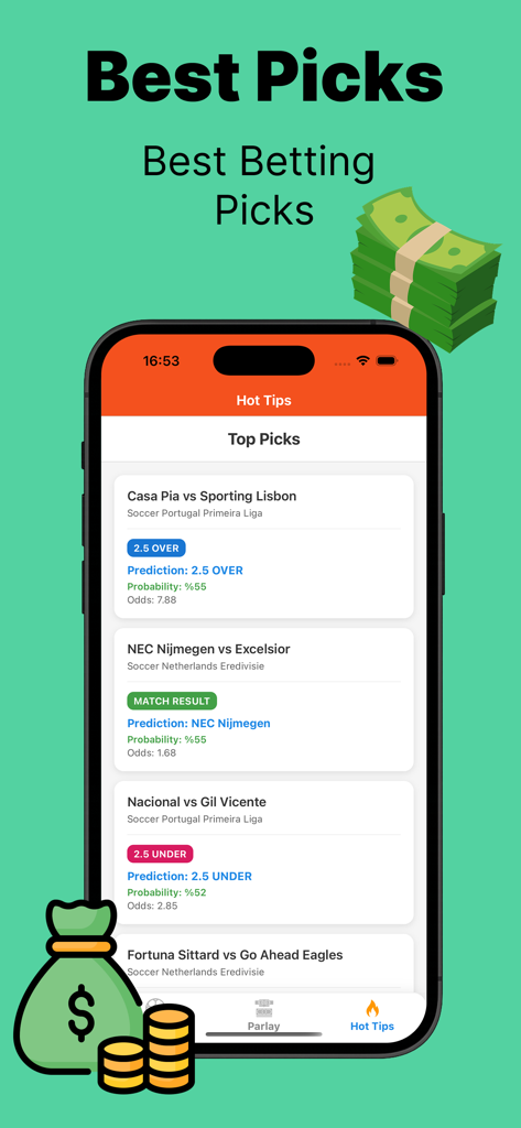 Sports Betting Prediction Tips - A smartphone display showing top sports betting picks and AI win probabilities for soccer matches.