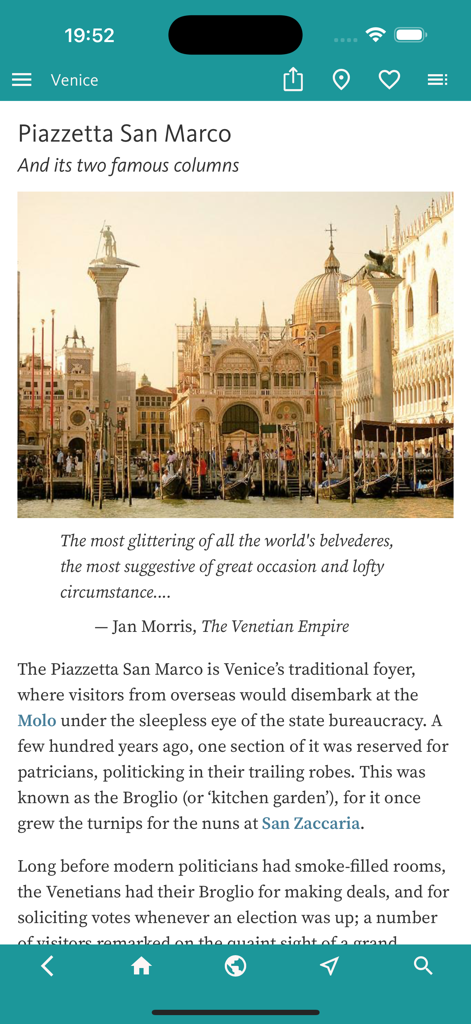 Venice Art & Culture - Screenshot of the Venice Art and Culture app showing a detailed article about Piazzetta San Marco and its historical significance.