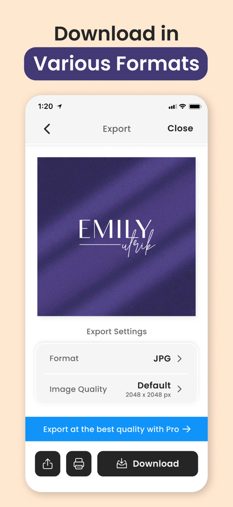 Logo Maker Shop - Creator ۬ - Pantalla de exportación en la app Logo Maker Shop mostrando opciones para descargar un logo en varios formatos y calidad de alta resolución.