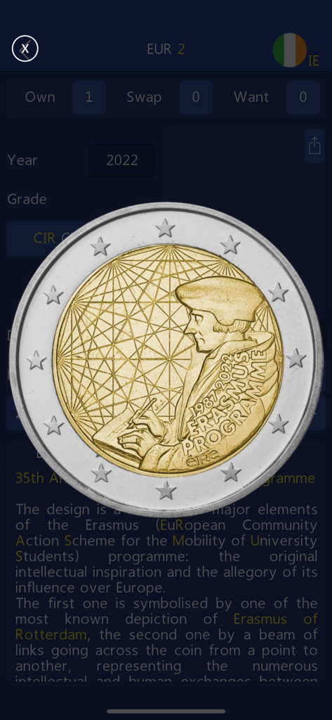 Vista detallada de una moneda conmemorativa de 2 Euros del Programa Erasmus irlandés con descripciones históricas en la aplicación.