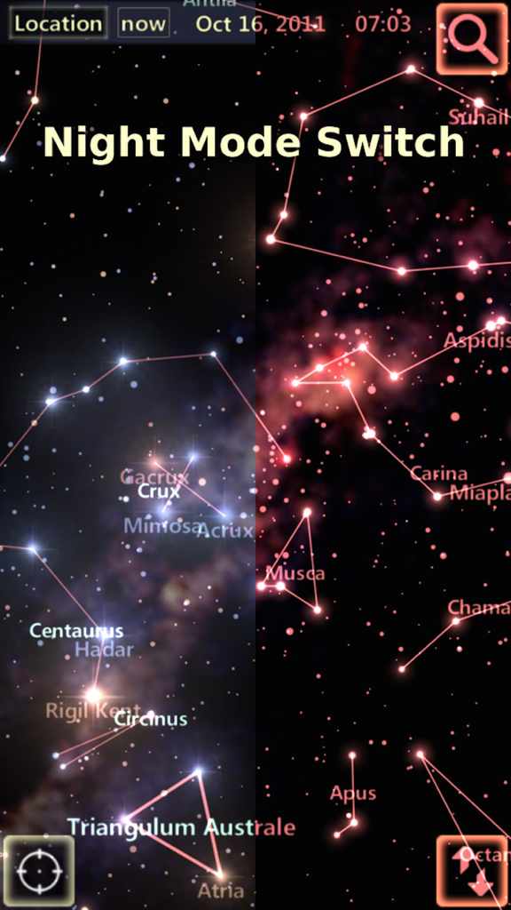 A split screen showing the difference between normal and red night mode views on a star map with constellations