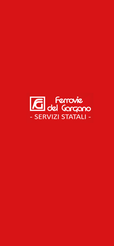 Schermata di avvio dell'app mobile Ferrovie del Gargano con il logo bianco e il testo su sfondo rosso