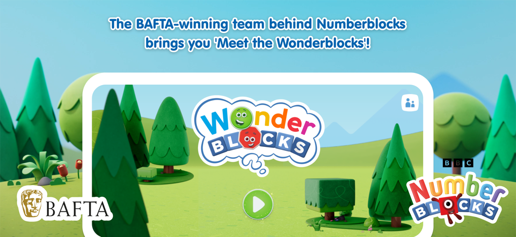 Meet the Wonderblocks - Tela de título do aplicativo Meet the Wonderblocks com personagens animados e o logotipo do BAFTA