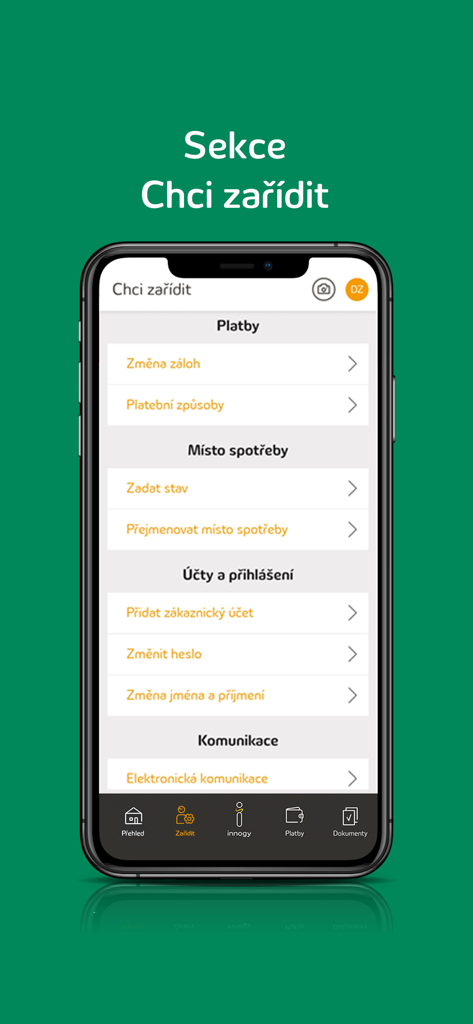 innogy innosvět - innogy innosvet app interface for managing energy payments and account settings