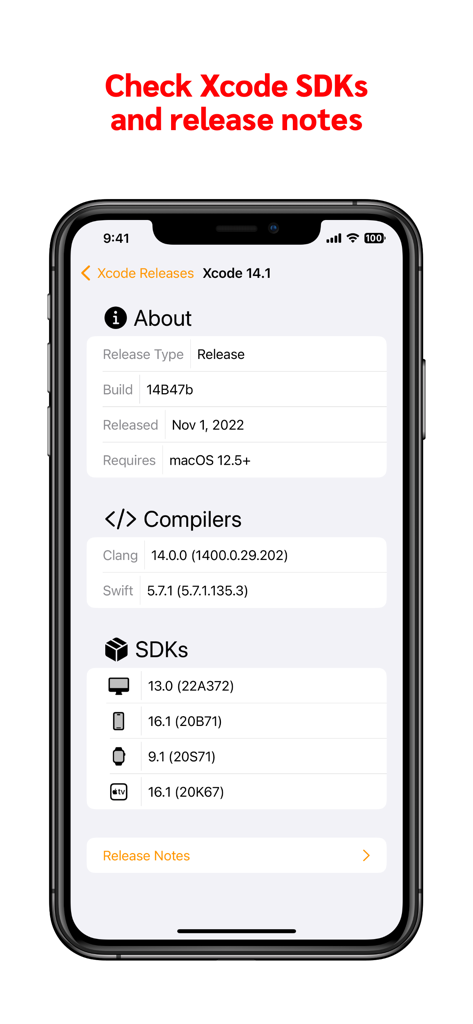 Interface of Dev Utils app showing Xcode version details including compilers and supported SDKs for iOS and watchOS