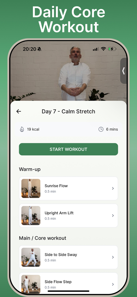 Interfaccia dell'app Tai Chi per Anziani che mostra un piano di allenamento giornaliero per il core con un elenco di esercizi e un pulsante di avvio.