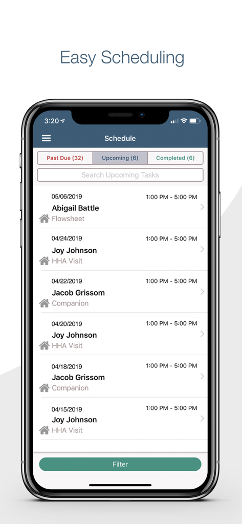Axxess HomeCare app interface showing the easy scheduling screen with patient visit details
