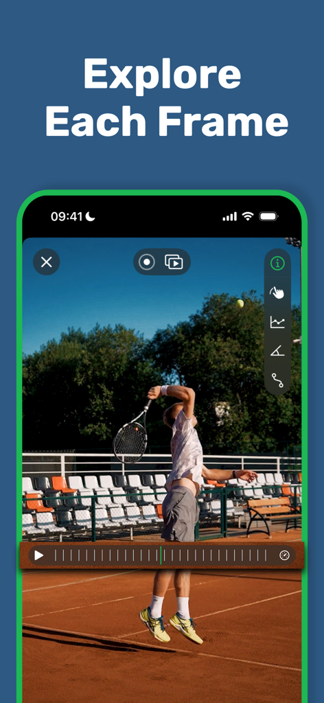 A tennis player swing analyzed frame by frame on a mobile sports app
