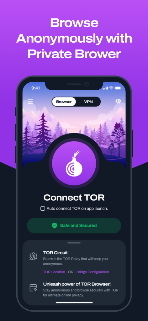 Tor Browser アプリ画面。紫色の背景に Connect TOR ボタンと匿名ブラウジング機能が表示されています。